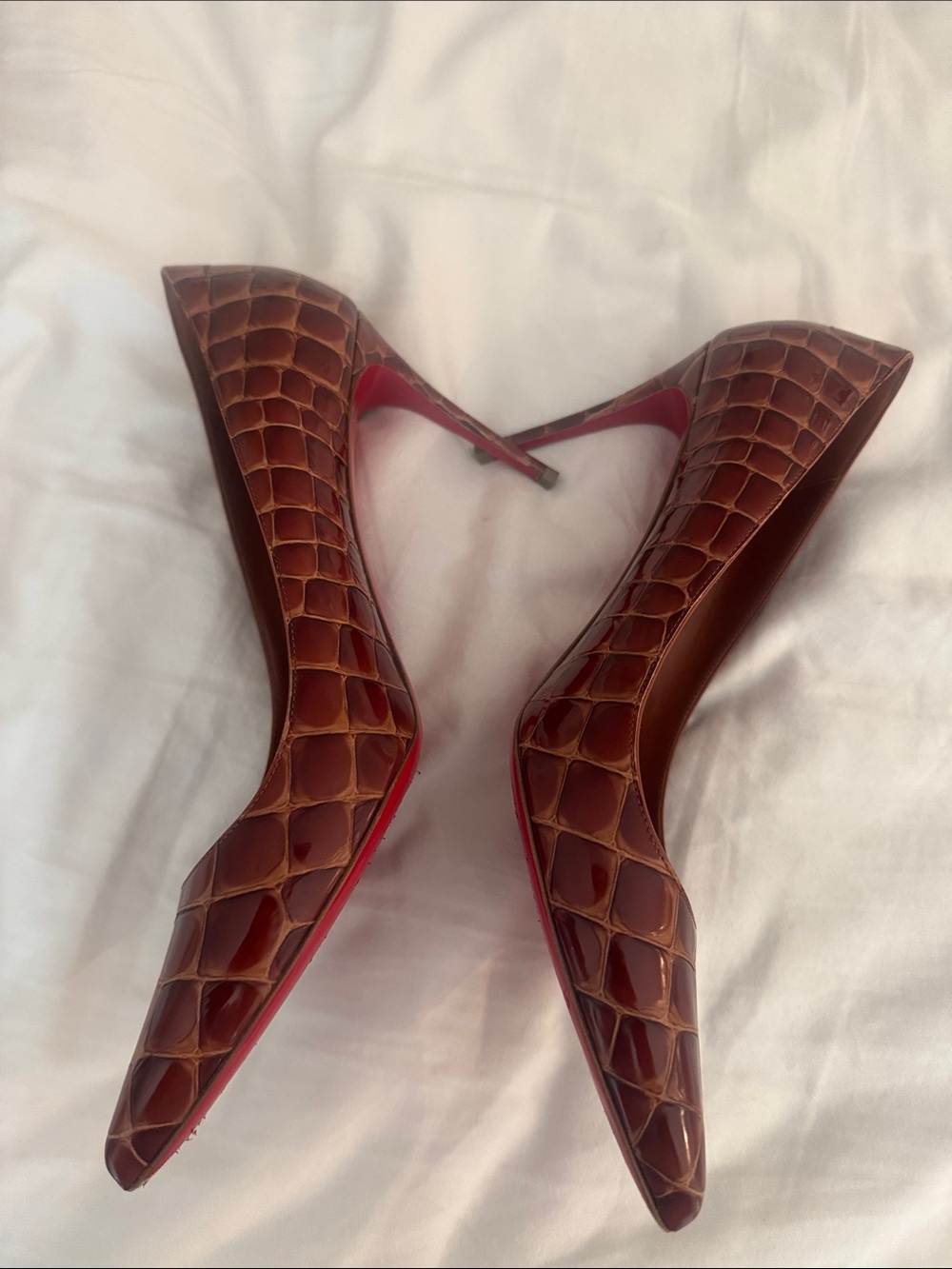 Christian Louboutin Brown Croc-Embossed Patent Leather Pumps - Picture 3 of 8